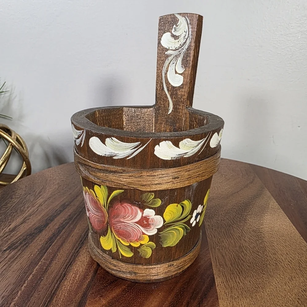Vintage Handcrafted Small Wooden Pot with Floral Design Scandinavian Antique